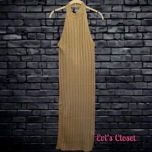 Forever 21 NWT  Ribbed Bodycon Midi Dress Open Back Mock Turtle Neck Beige  M